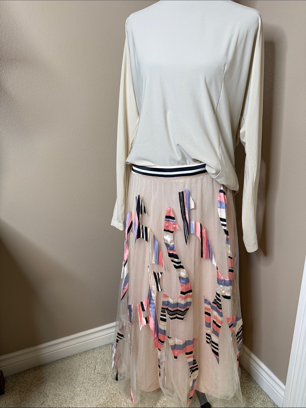 Geisha at Anthropologie Beige Tulle Midi Skirt with Multicolor Ribbon Accents